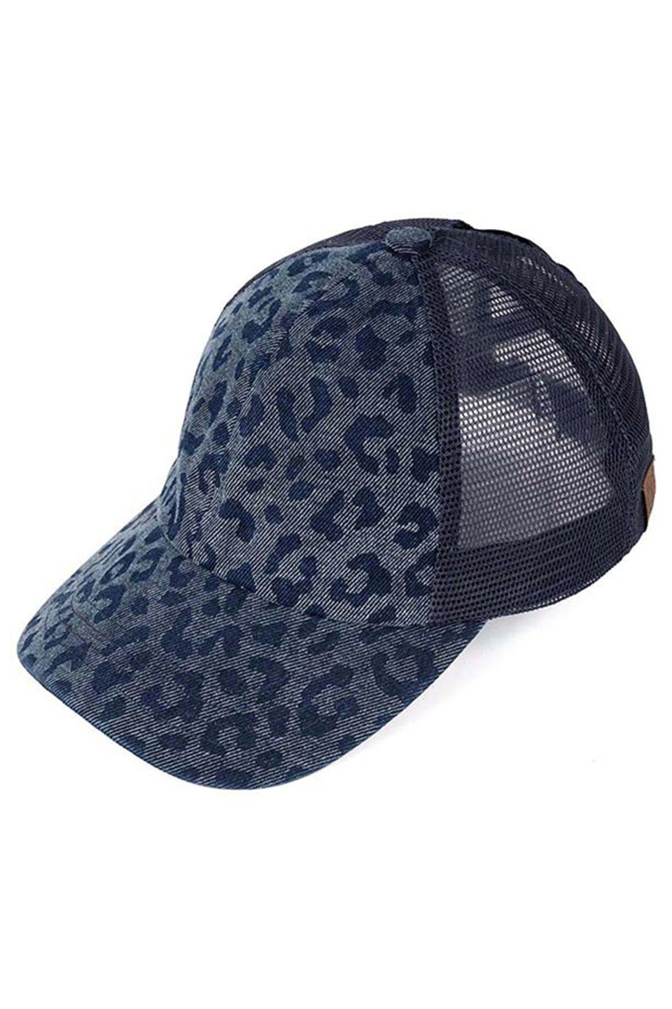 Denim C.C Leopard Pattern Criss Cross Ponycap features a bold and trendy leopard pattern, perfect for adding a pop of style to any outfit. The crisscross design adds a unique touch, while the ponycap style allows for easy and comfortable wear. Stay fashionable and functional with this must-have accessory.