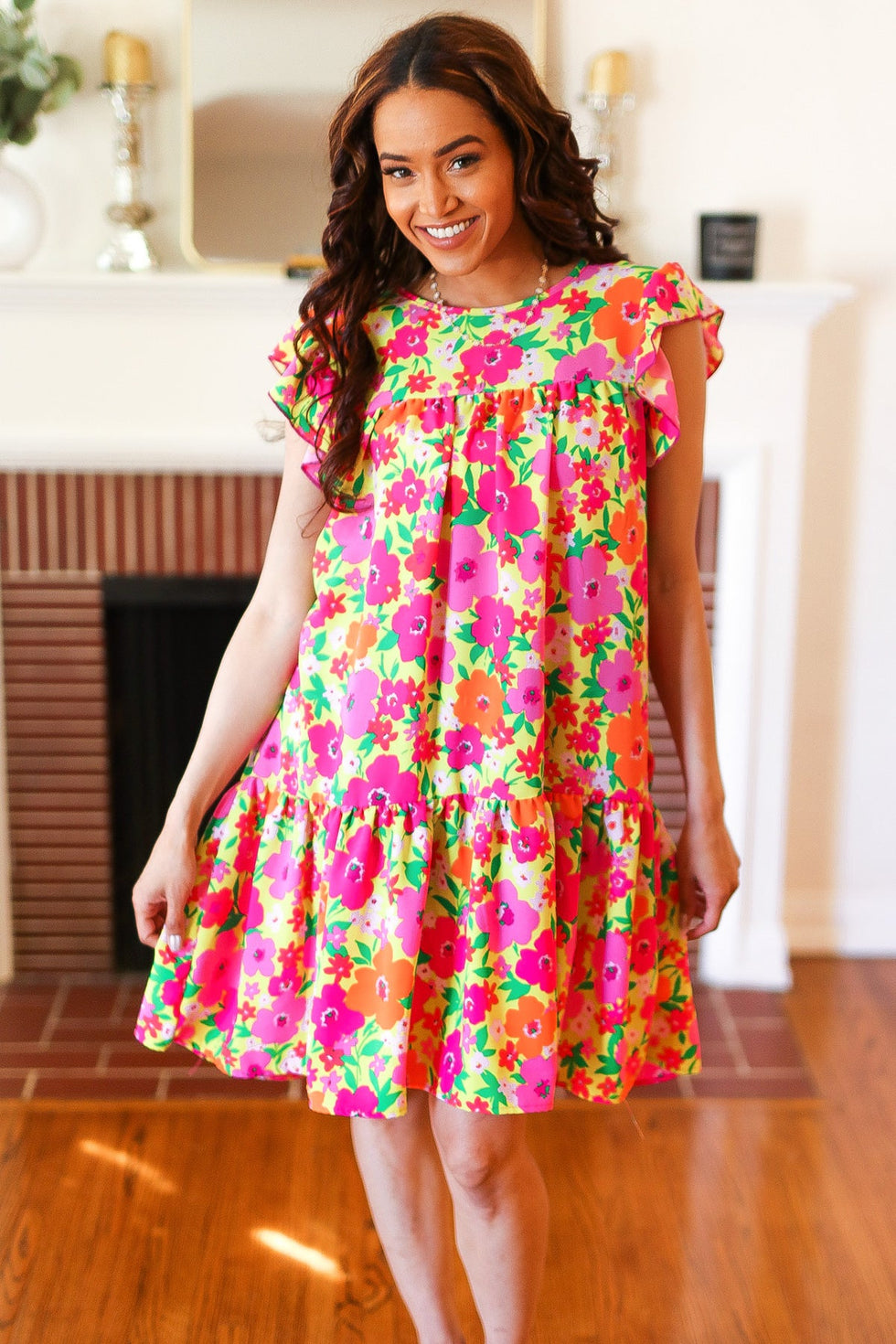 Be Charming Lime & Pink Floral Print Tiered Ruffle Sleeve Dress ...
