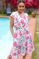 Hello Beautiful Ivory & Fuchsia Floral Sequin Smock Waist Midi Dress - Charming Charlie