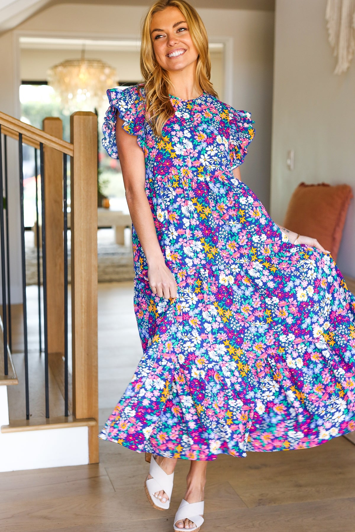 smocked ruffle dress Just A Dream Navy Floral Smocked Ruffle Sleeve Maxi Dress Small