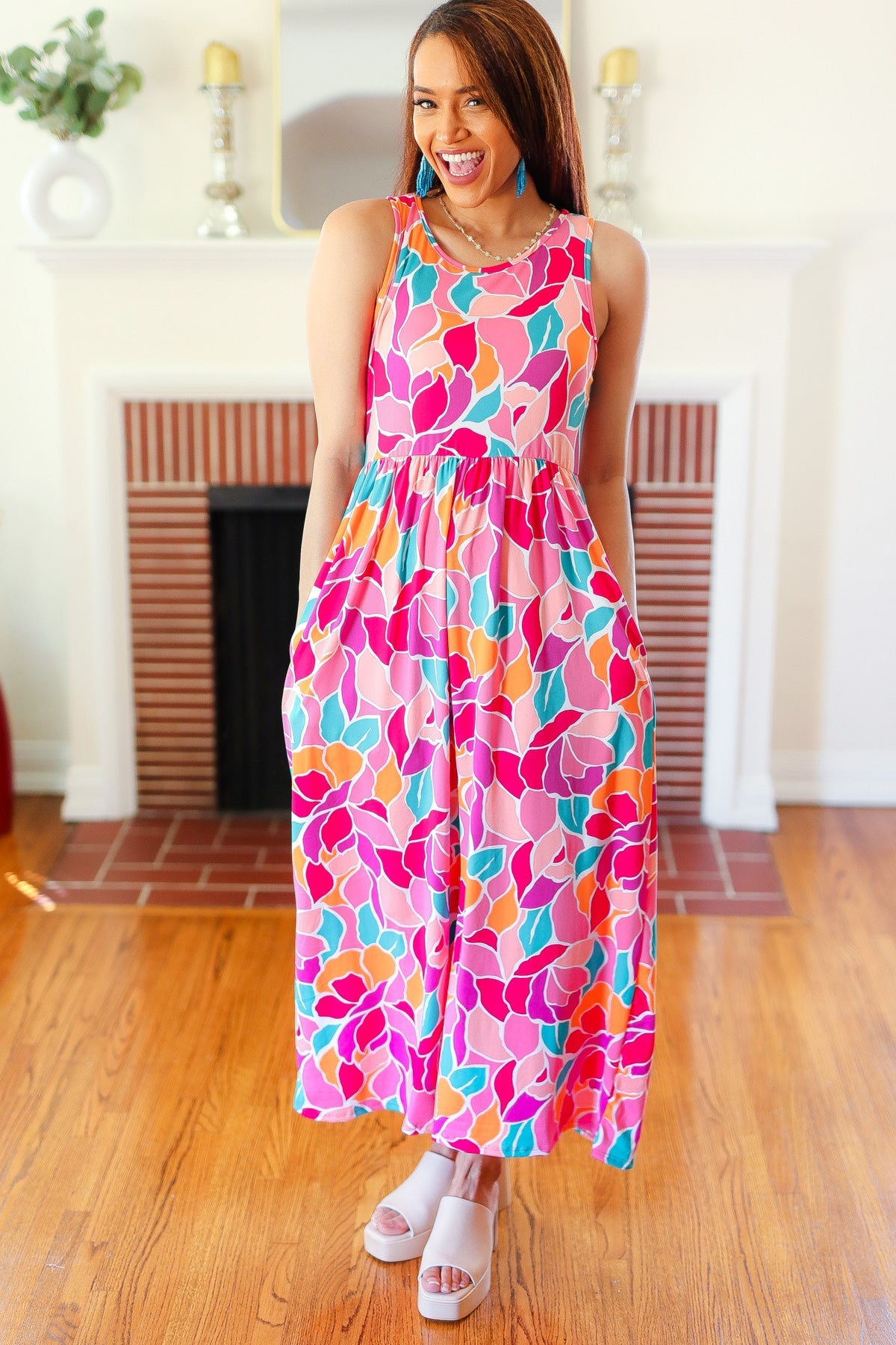 Hello Beautiful Fuchsia Abstract Floral Fit & Flare Maxi Dress Small Hello Beautiful Fuchsia Abstract Floral Fit & Flare Maxi Dress Small