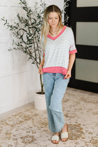 Dressed to Chill V-Neck Top in Heather/Grey/Ivory/Pink - Charming Charlie