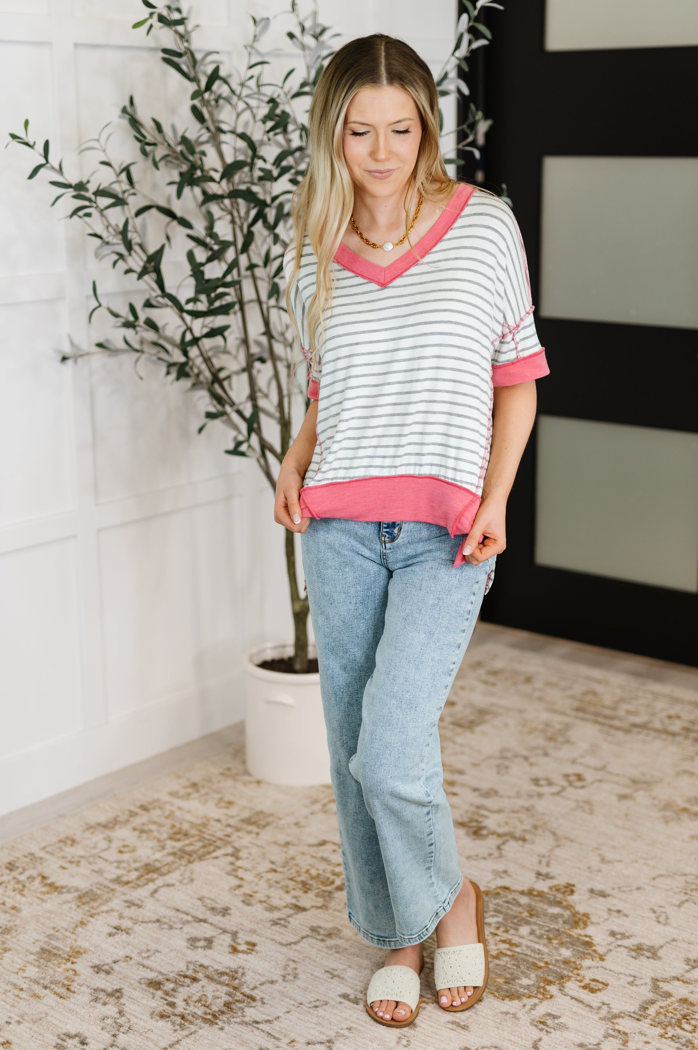 Dressed to Chill V-Neck Top in Heather/Grey/Ivory/Pink - Charming Charlie
