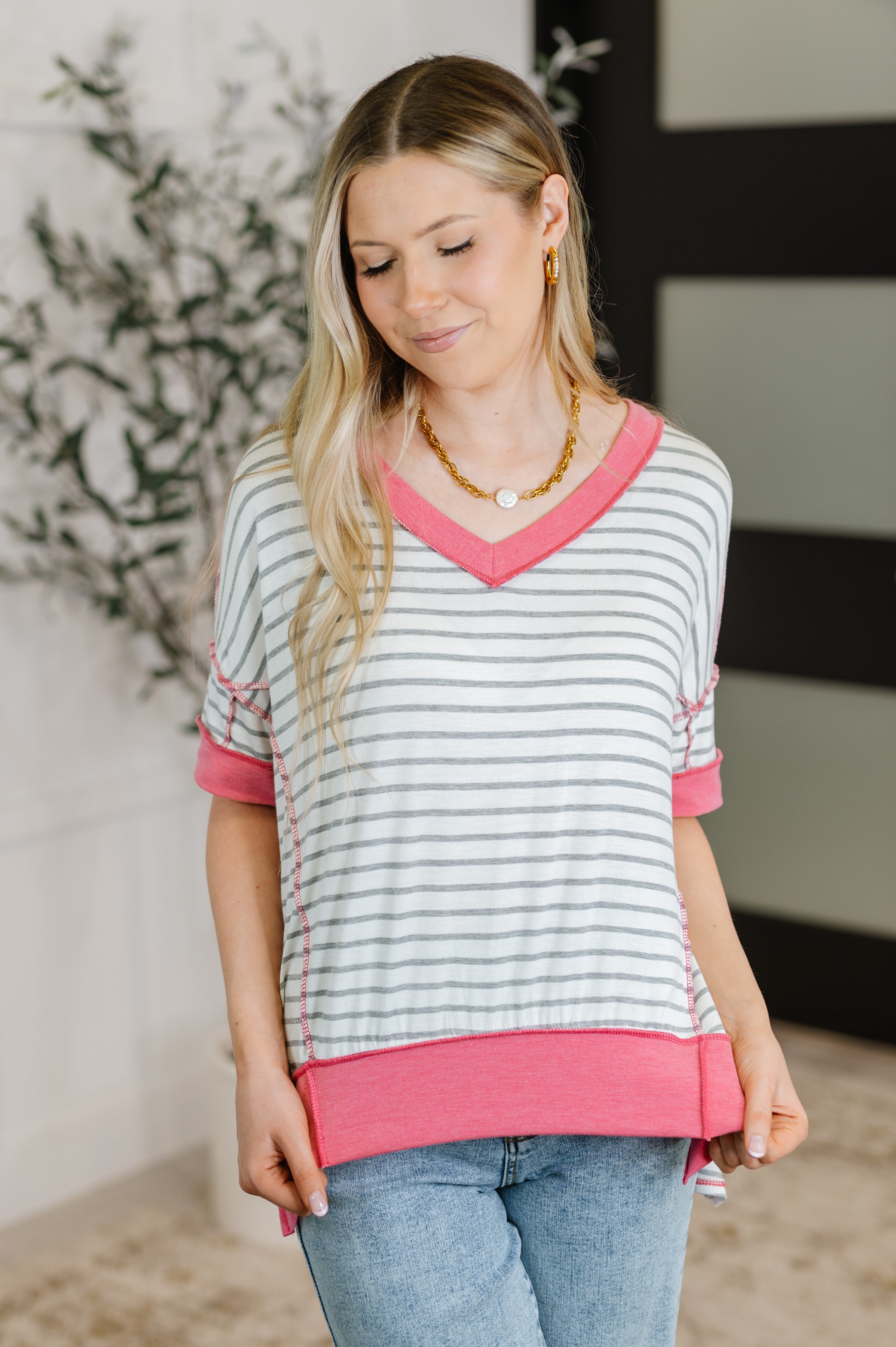 Dressed to Chill V-Neck Top in Heather/Grey/Ivory/Pink - Charming Charlie