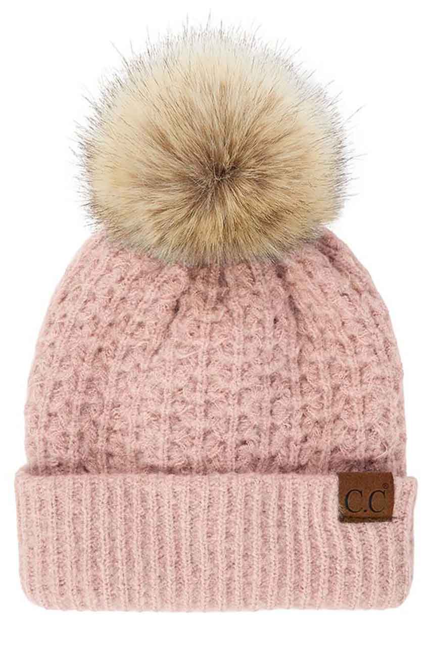 Dusty Rose C.C Smocking Stitch Pattern Pom Beanie Hat, Warm Winter Beanie Hat; before running out the door into the cool air, you’ll want to reach for this toasty beanie to keep you incredibly warm. Comfortable beanie keep your head and ear warm during the winter. Awesome winter gift accessory!  This smocking stitch pattern pom beanie can be worn both casual and sophisticated wear and also perfect for outdoor fashion, including biking, camping, ice skating, snowboarding, running and more.