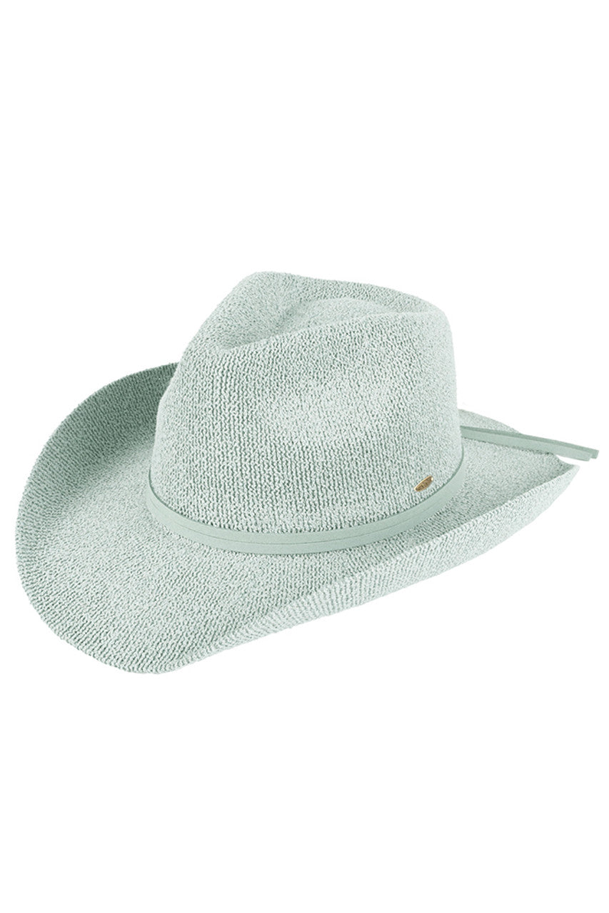 Dusty Mint C.C Terry Cloth Band Trim Cowboy Hat offers both style and functionality. The terry cloth band adds a touch of comfort to the classic cowboy hat design. Perfect for protecting from the sun while staying cool and chic. Made with high-quality materials, this hat is a must-have for any fashion-forward enthusiast.