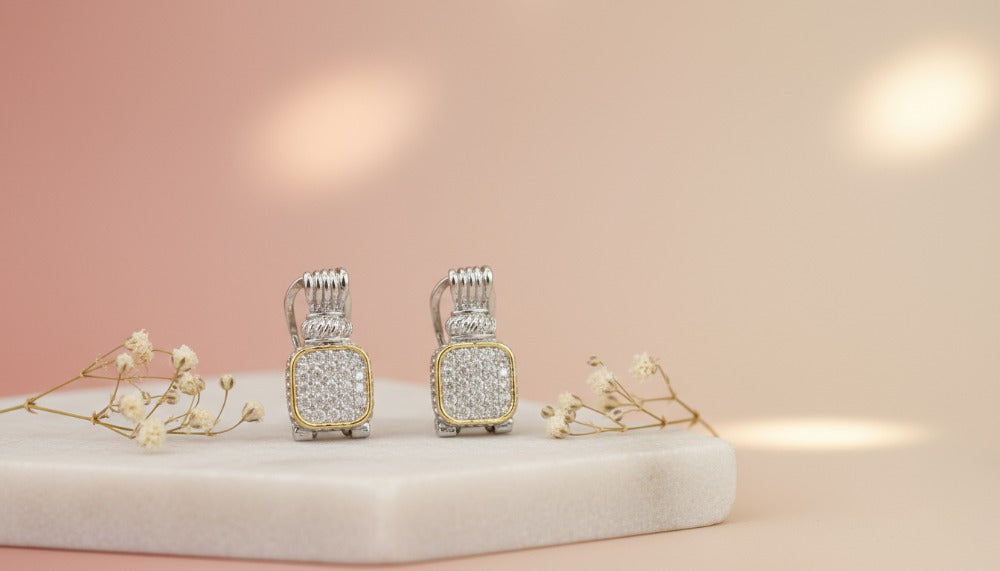 Dual-Tone Sparkle Cushion Stud Earrings - Charming Charlie