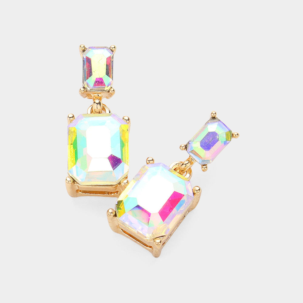 Madeline Love AB, Gold Emerald Cut CZ Stone Dangle Evening Earrings