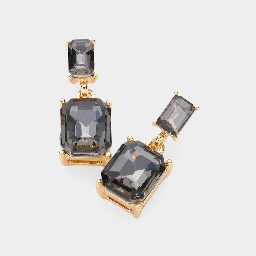 Madeline Love Black Diamond, Gold Emerald Cut CZ Stone Dangle Evening Earrings