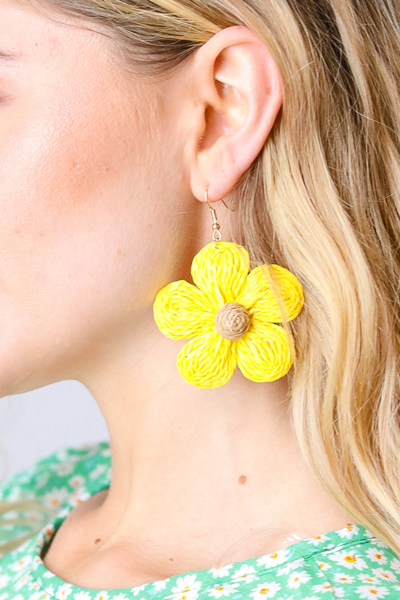 Canary Handwoven Straw Flower Dangle Earrings - Charming Charlie