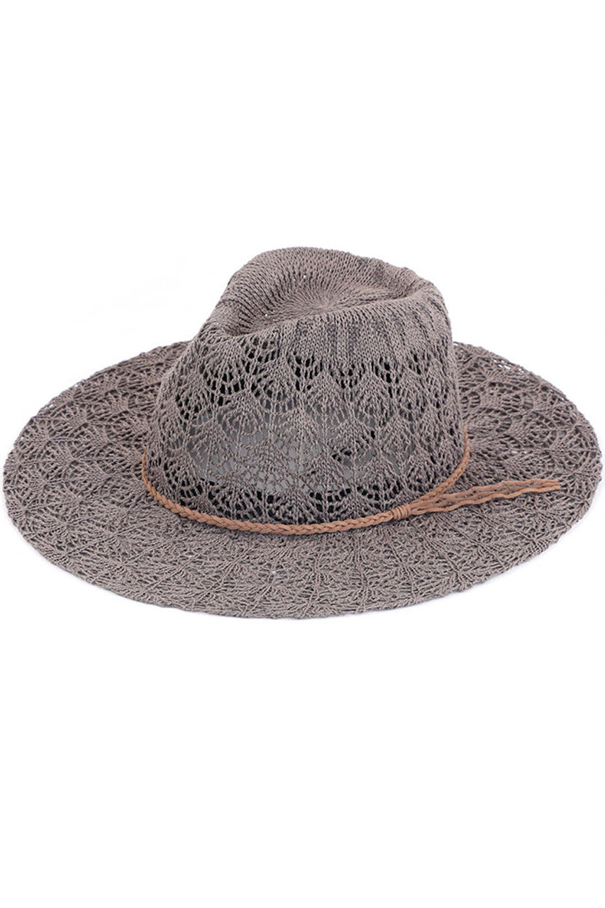 Earth Gray  C.C. Horseshoe Lace Knitting Panama Hat is a must-have accessory for any fashion-forward individual. Its beautiful lace knit design adds a touch of elegance to any outfit, while the high-quality materials ensure durability and comfort. Stay stylish and protected from the sun with this iconic hat.
