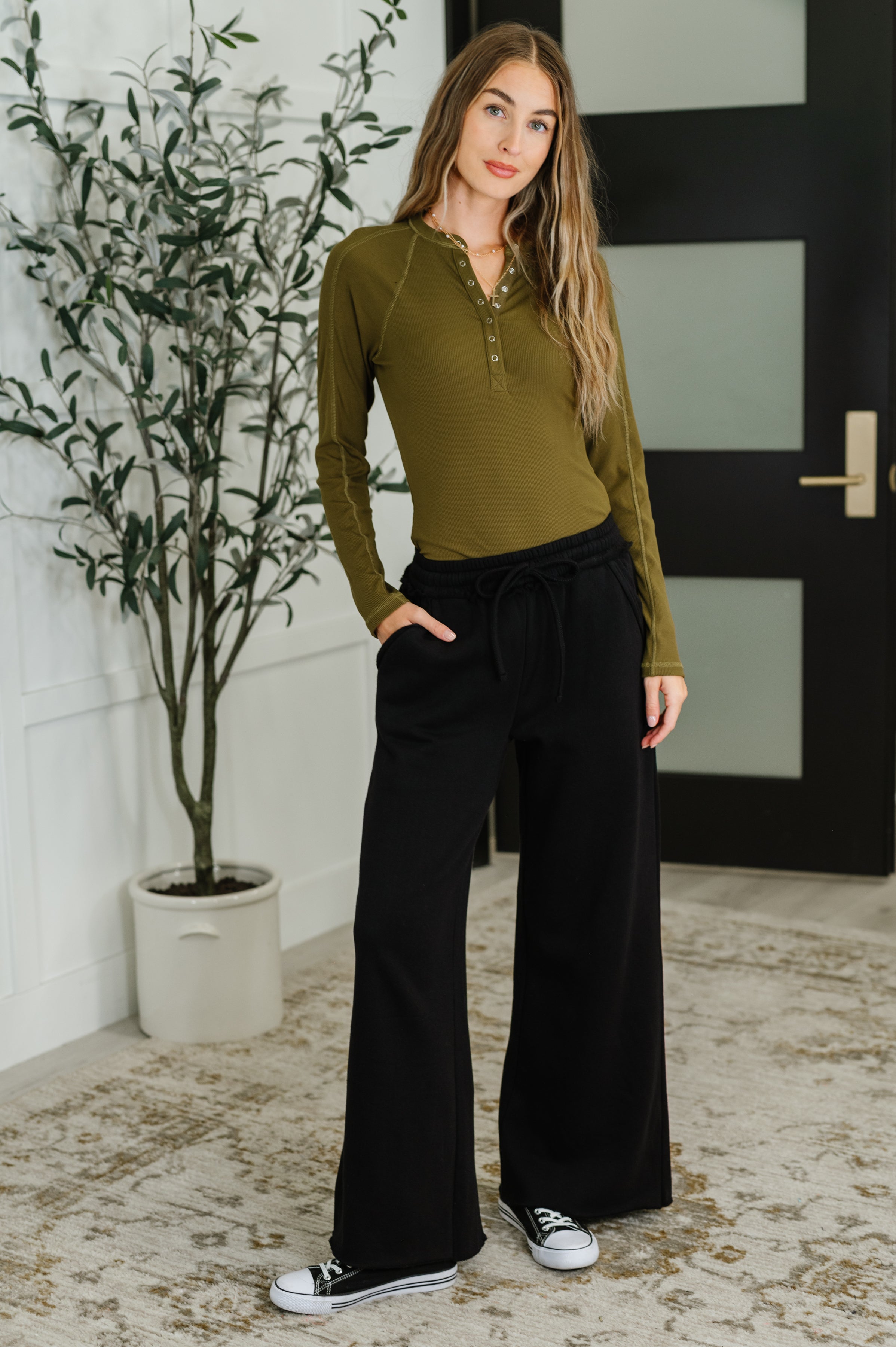 Effortless Edge Knit Henley Top in Camo Green - Charming Charlie