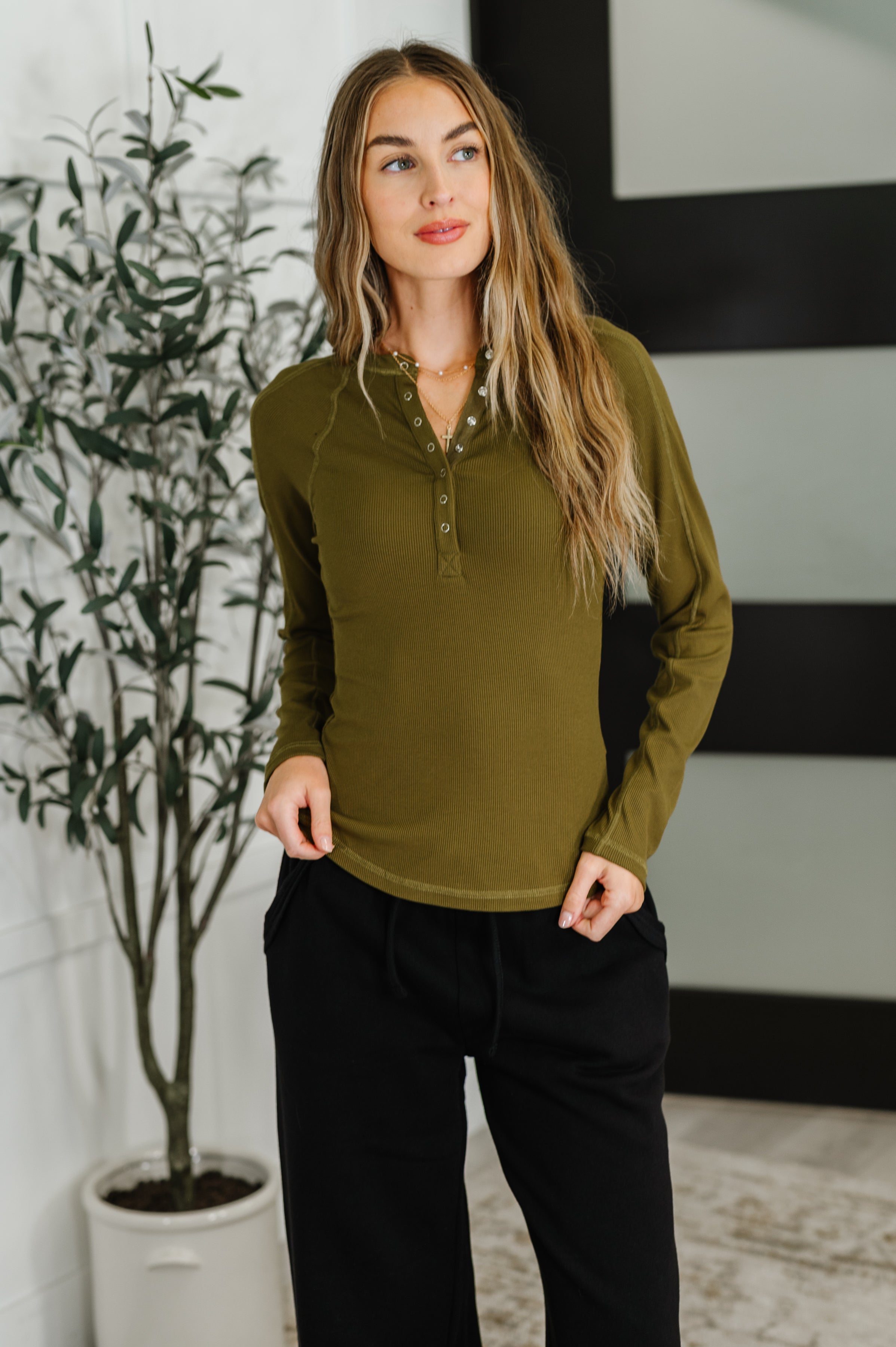 Effortless Edge Knit Henley Top in Camo Green - Charming Charlie