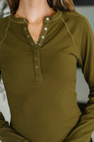 Effortless Edge Knit Henley Top in Camo Green - Charming Charlie