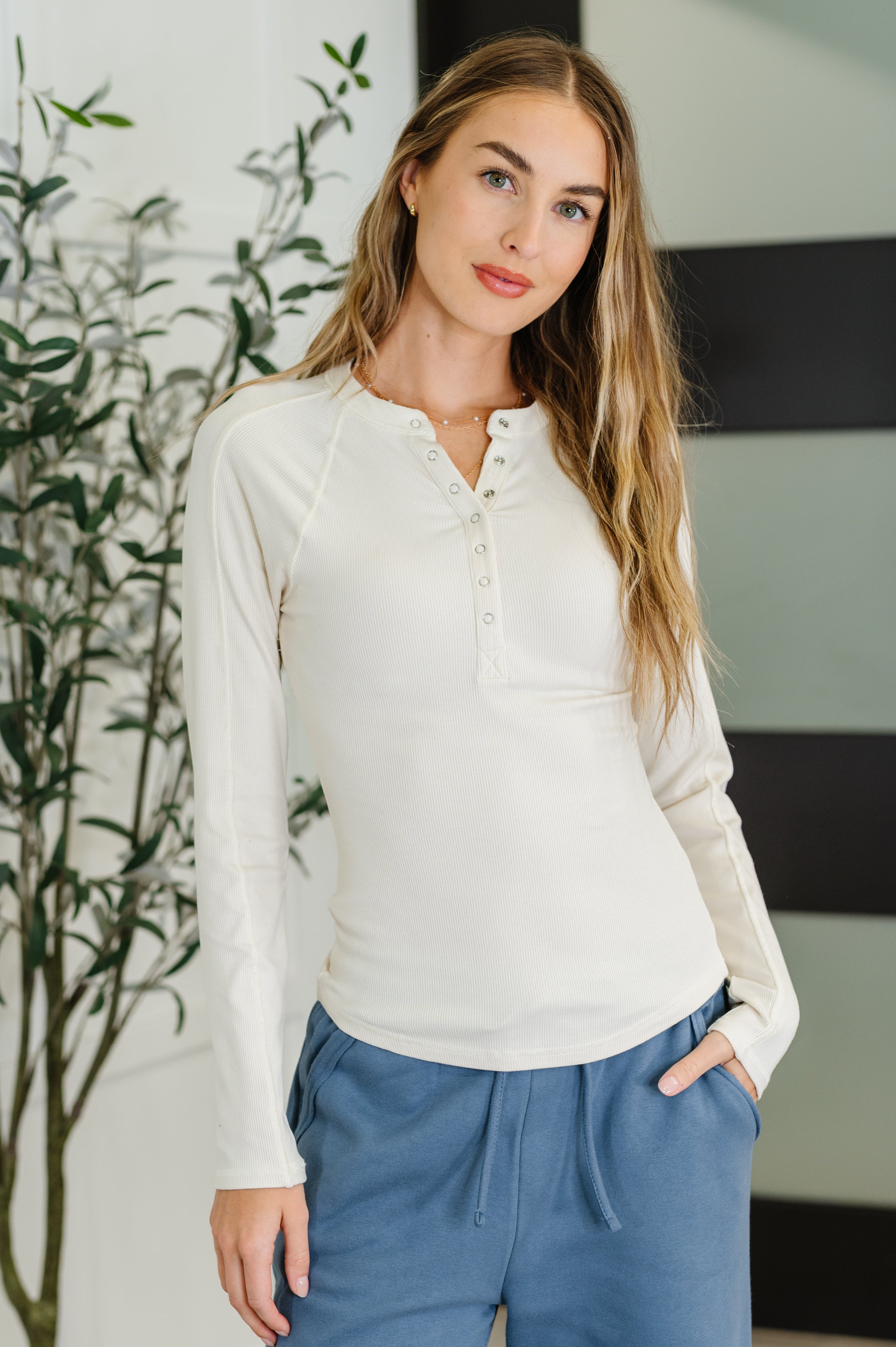 Effortless Edge Knit Henley Top in Natural - Charming Charlie