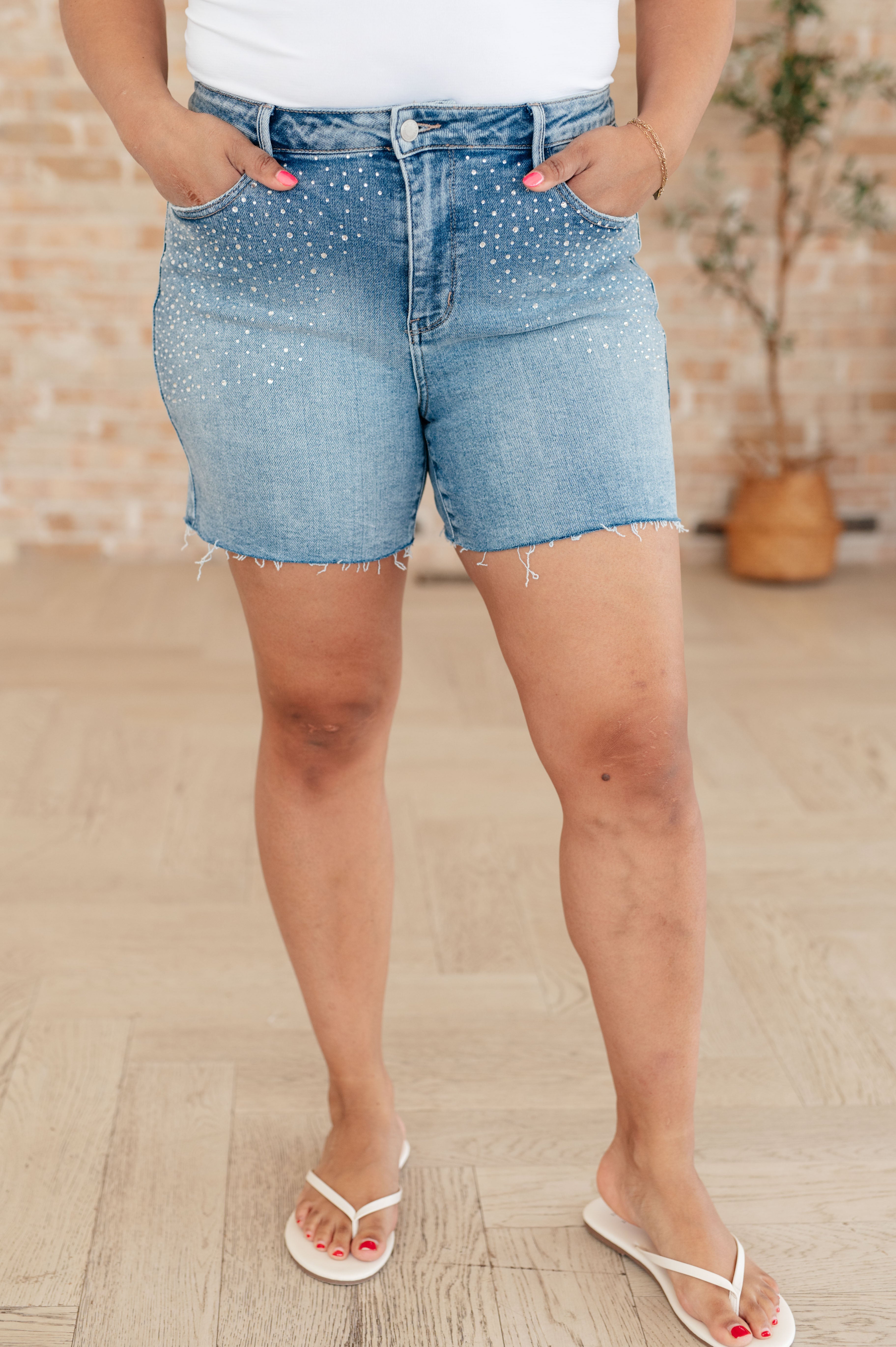 Elle High Rise Rhinestone Cutoff Shorts - Charming Charlie