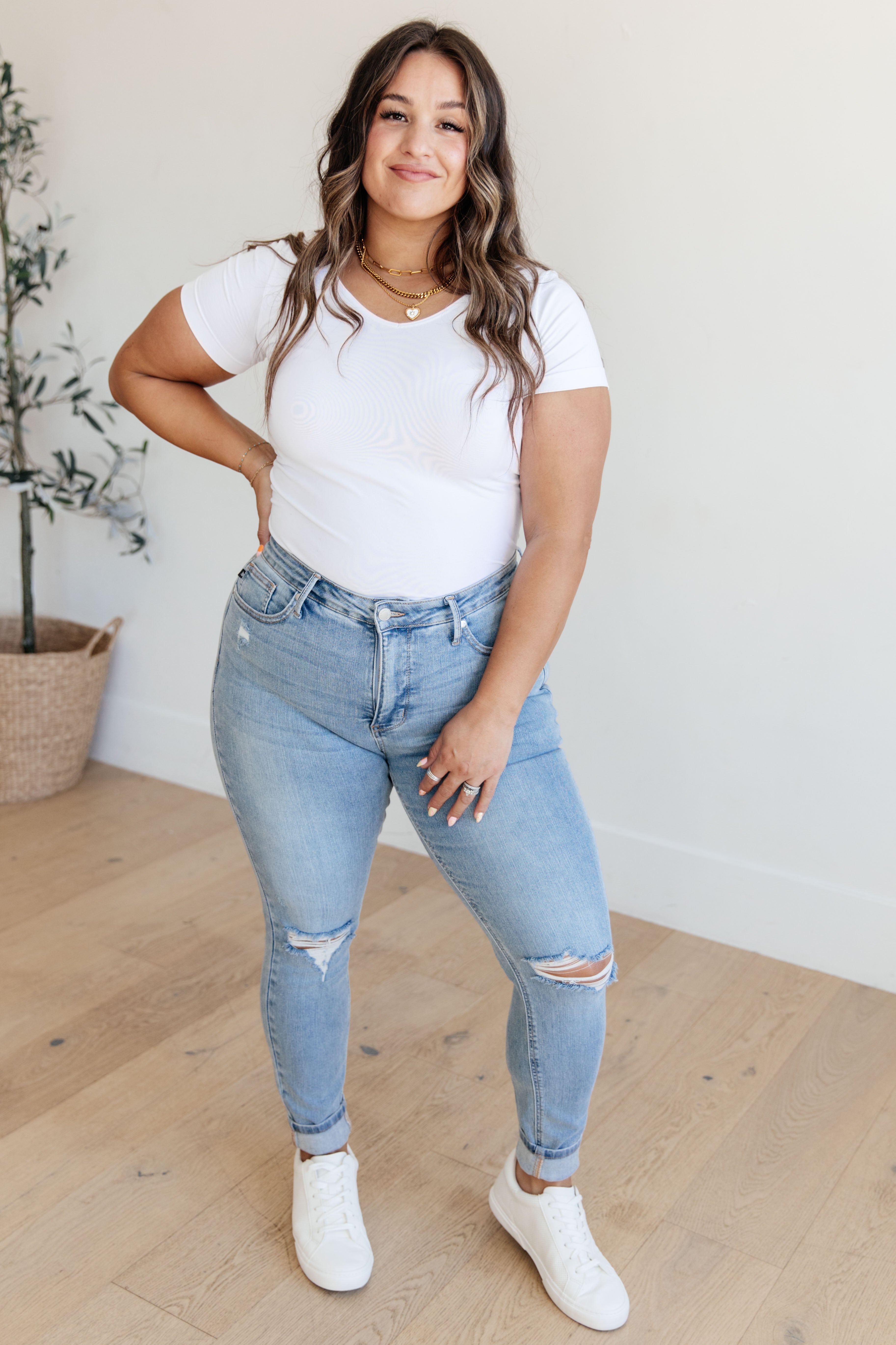 Eloise Mid Rise Control Top Distressed Skinny Jeans - Charming Charlie