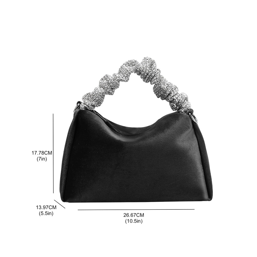 A measurement reference image for a velvet top handle bag with a silver encrusted handle. 