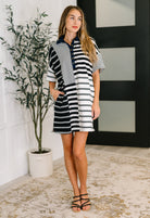 Everlasting Love Striped Collared Dress in Black and Navy - Charming Charlie