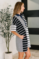 Everlasting Love Striped Collared Dress in Black and Navy - Charming Charlie