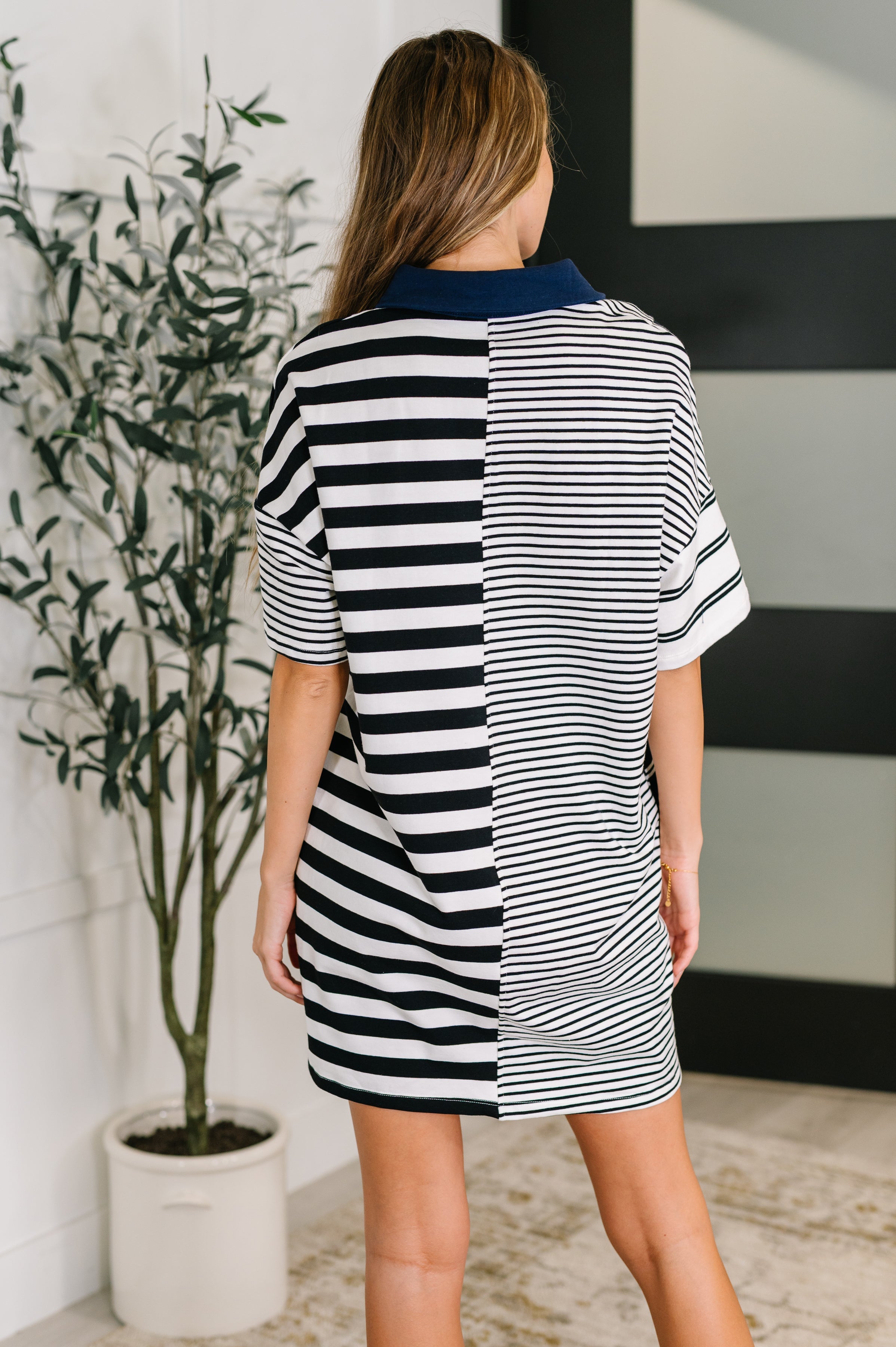 Everlasting Love Striped Collared Dress in Black and Navy - Charming Charlie