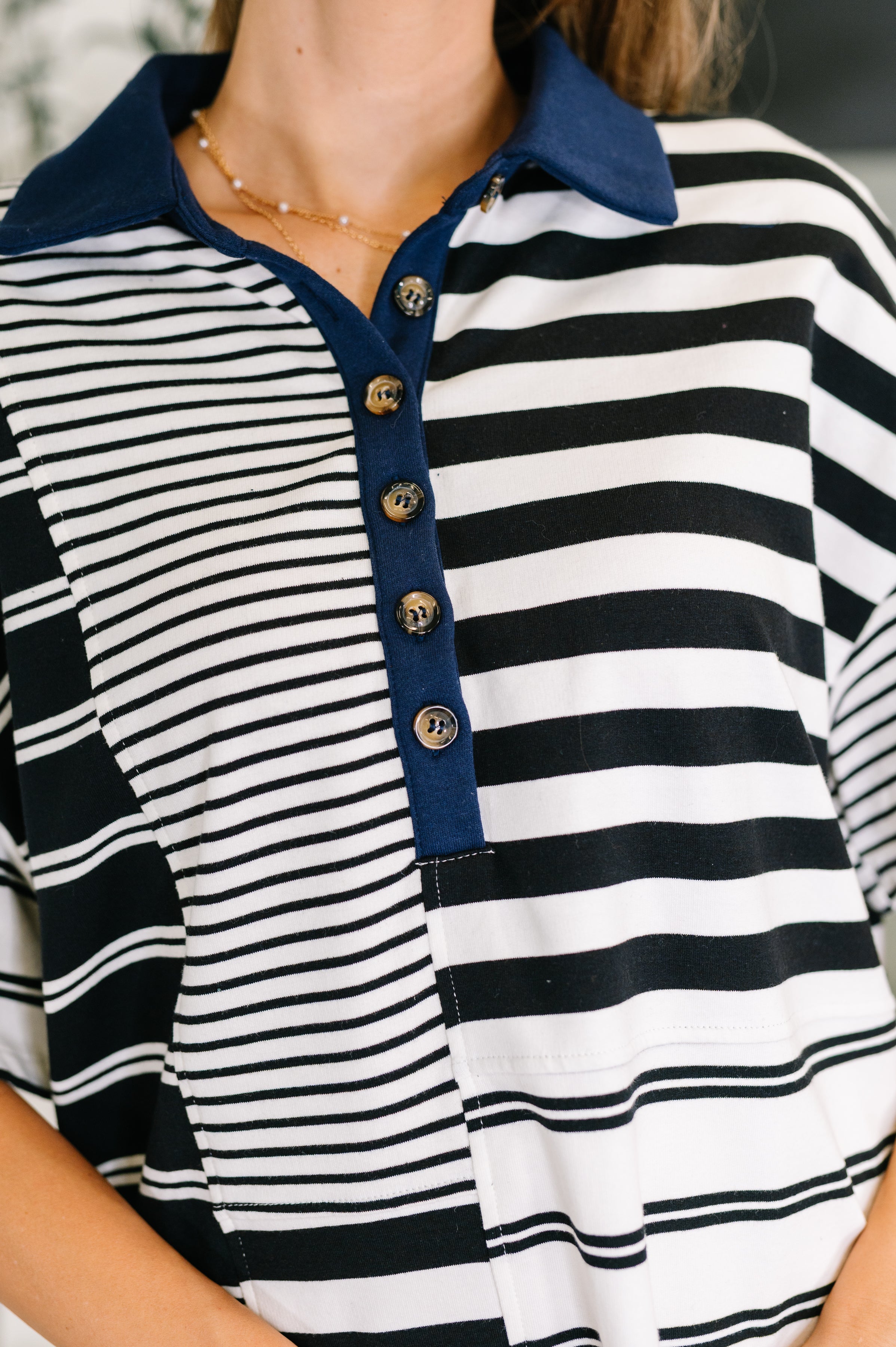 Everlasting Love Striped Collared Dress in Black and Navy - Charming Charlie