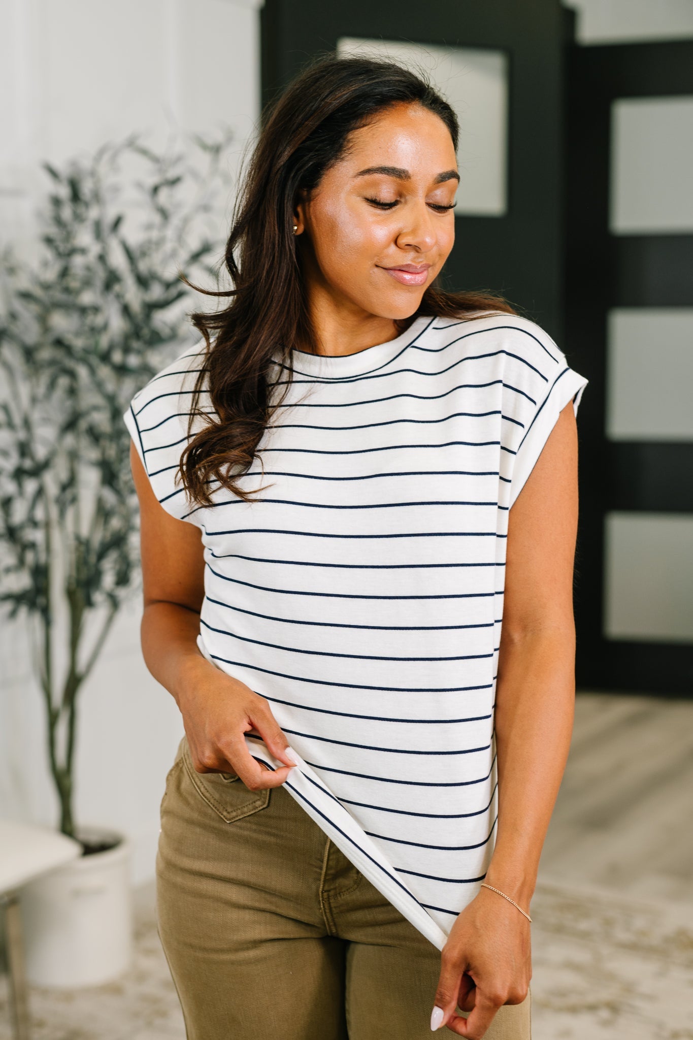 Everything In Between Striped Cap Sleeve Tee - Charming Charlie