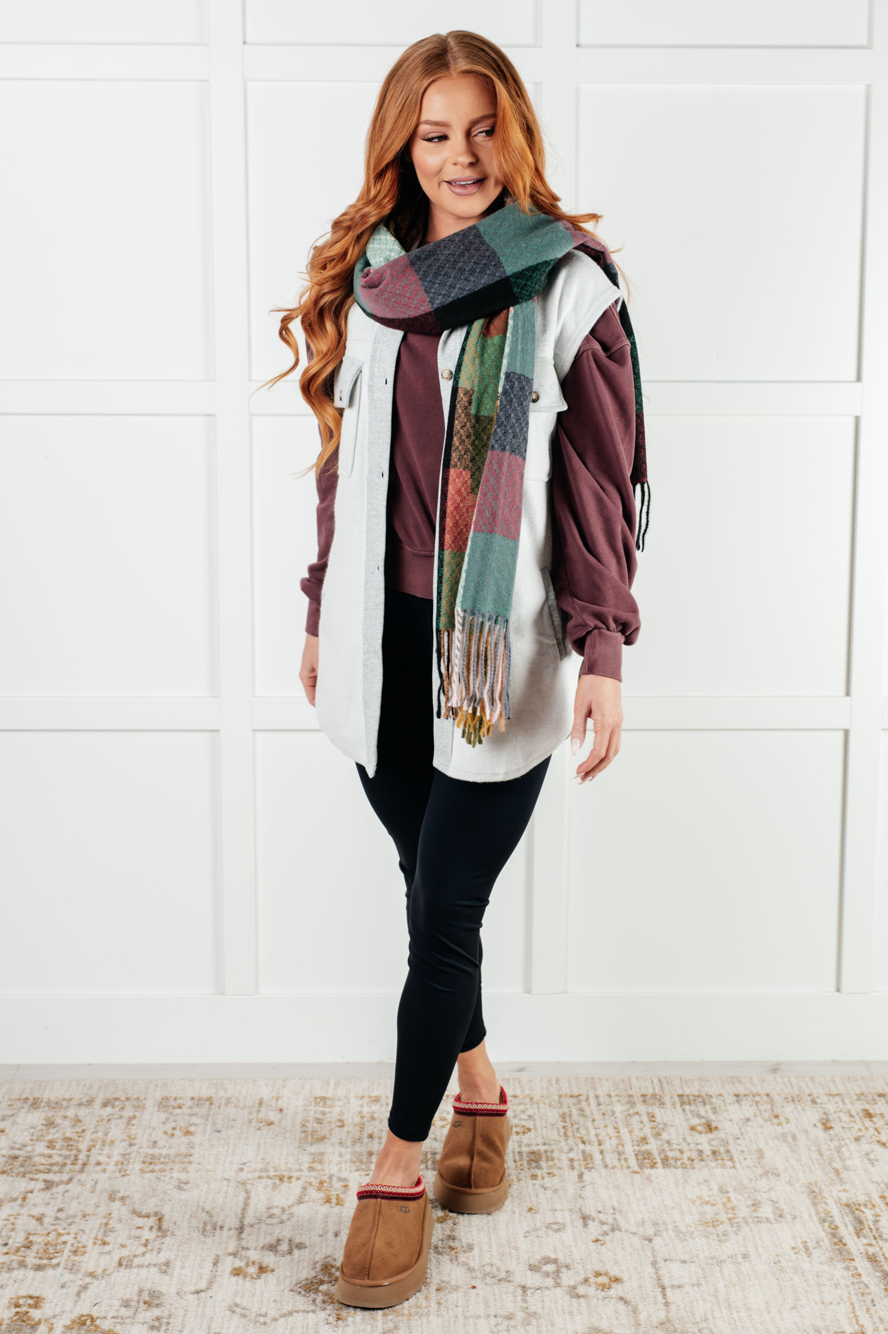 Keep Me Cozy Checkered Fringe Scarf in Berry - Charming Charlie
