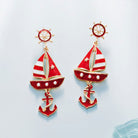 Red Enamel Boat Anchor Dangle Earrings