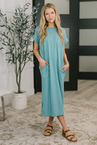 Fix You Right Up Short Sleeve Midi Dress in Dusty Teal - Charming Charlie
