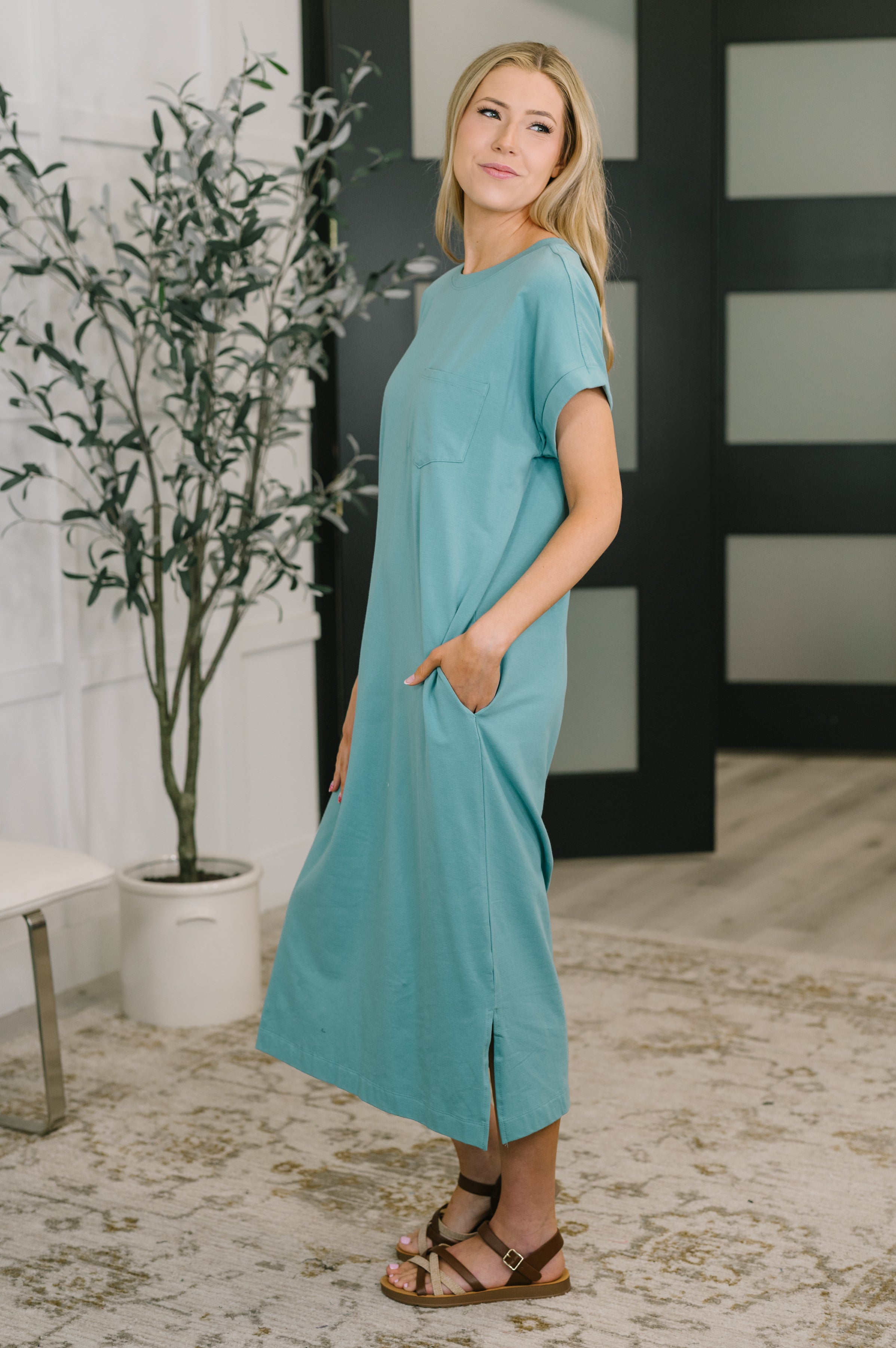 women's short sleeve midi dress Fix You Right Up Short Sleeve Midi Dress in Dusty Teal XL