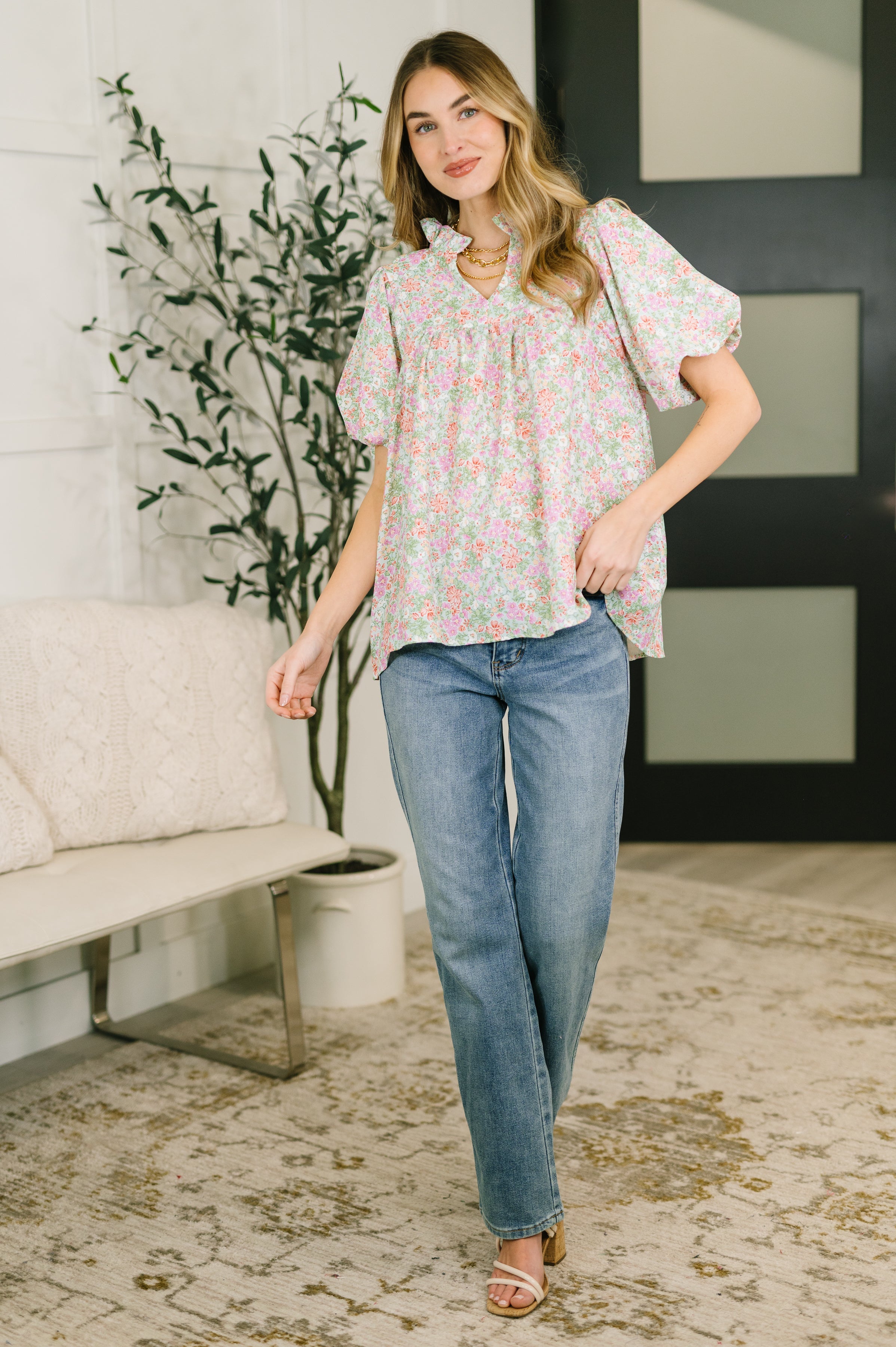 Flower Picking Notch Neck Blouse - Charming Charlie