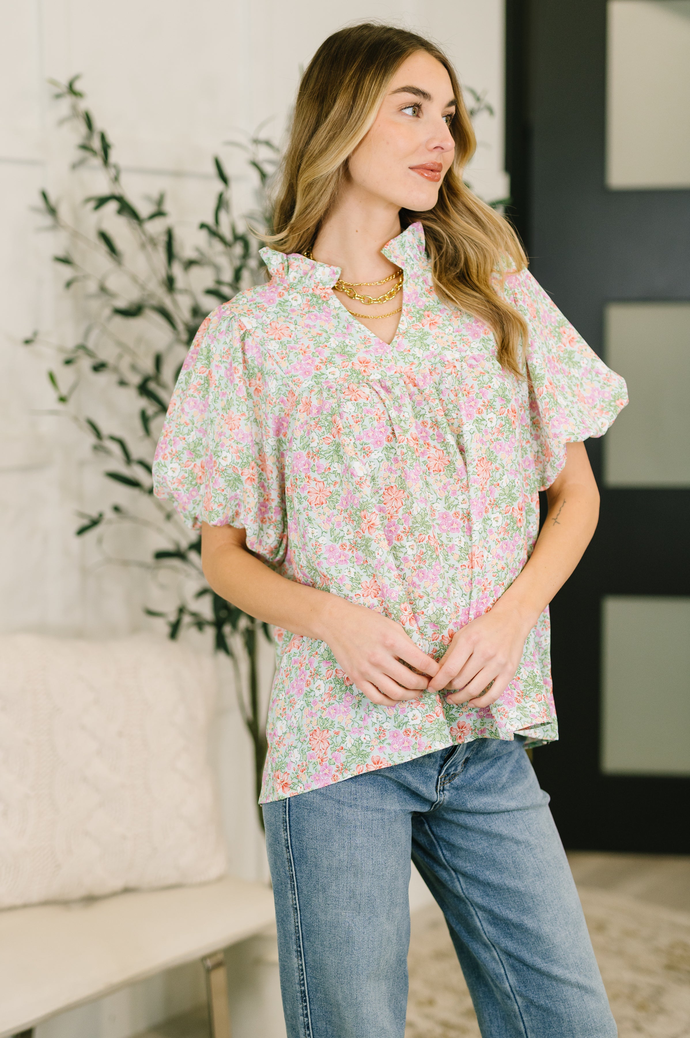 Flower Picking Notch Neck Blouse - Charming Charlie
