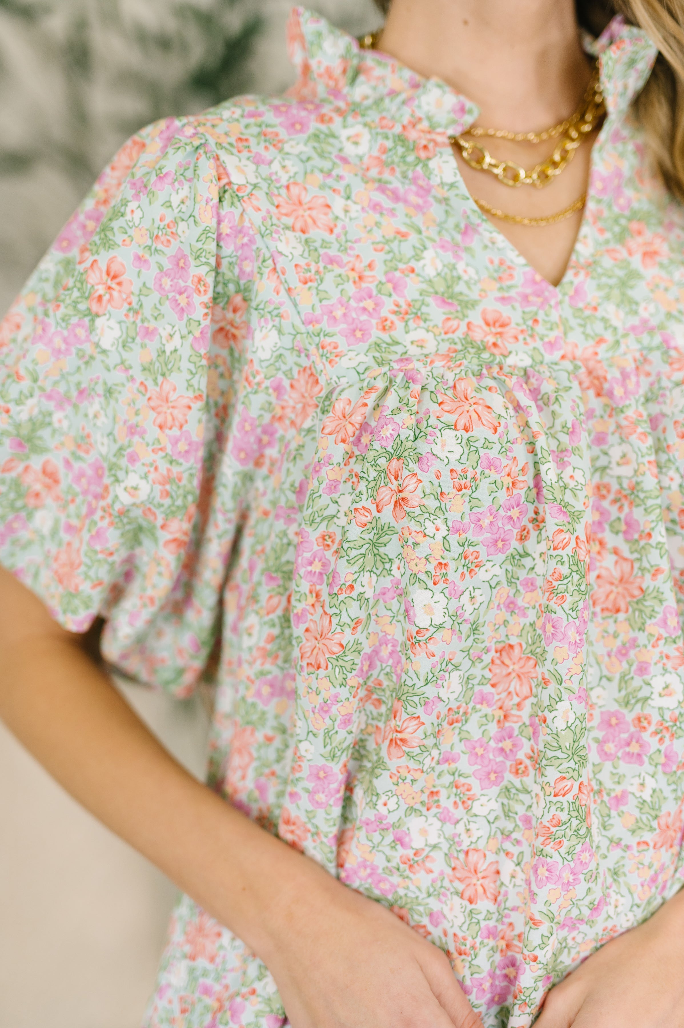 Flower Picking Notch Neck Blouse - Charming Charlie