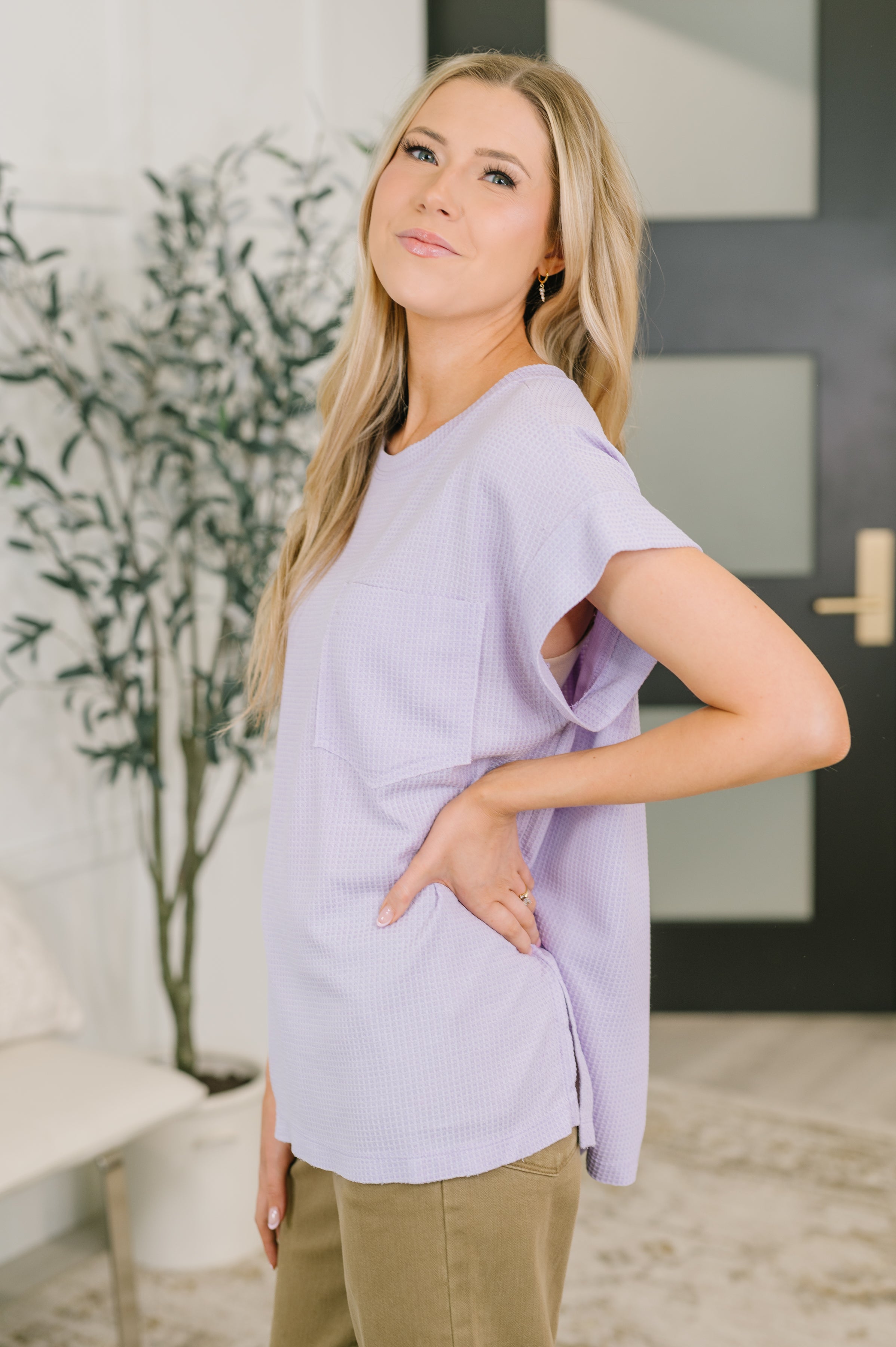 Foundation First Waffle Knit Relaxed Tee in Lilac - Charming Charlie