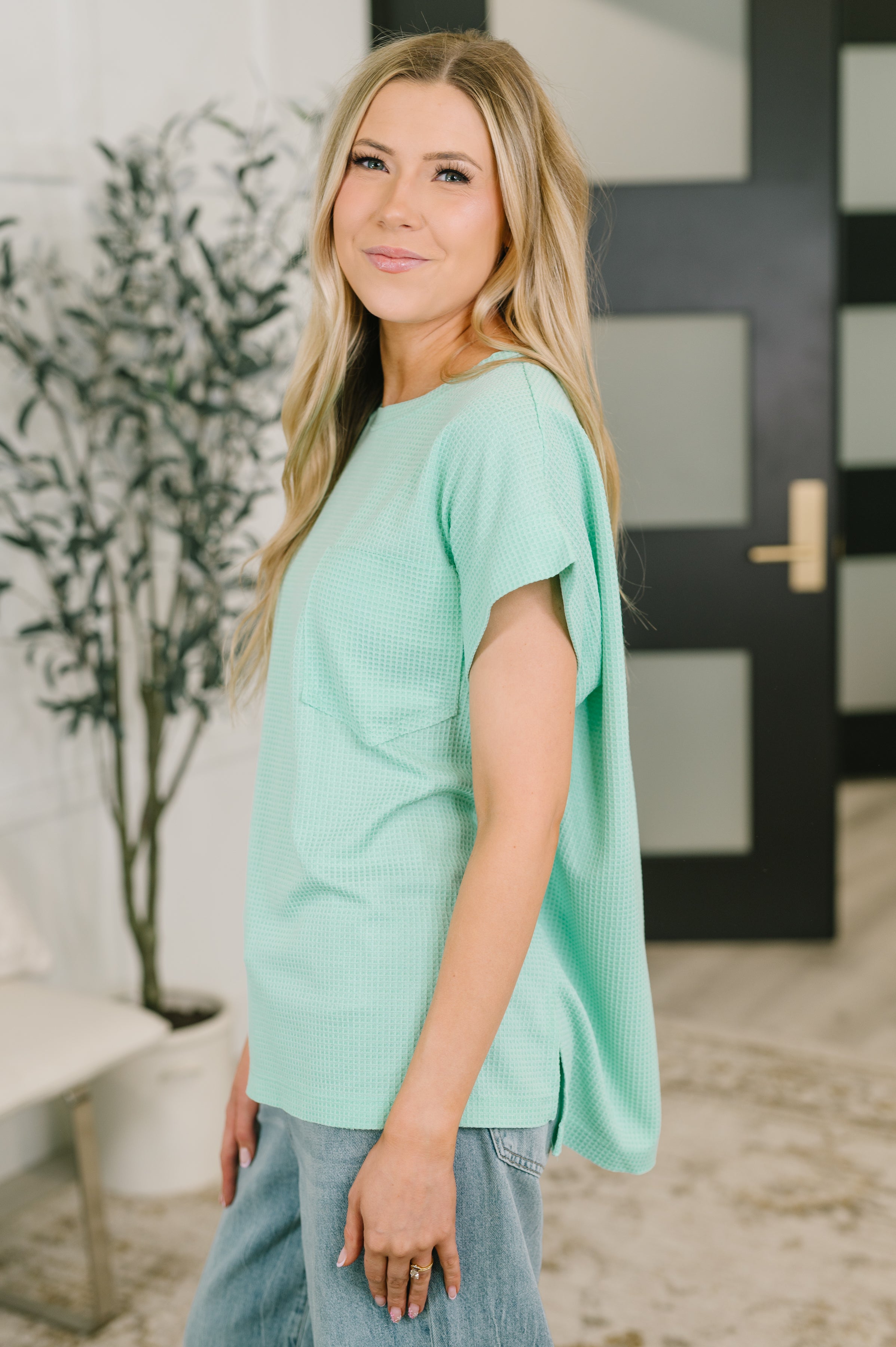 Foundation First Waffle Knit Relaxed Tee in Mint - Charming Charlie