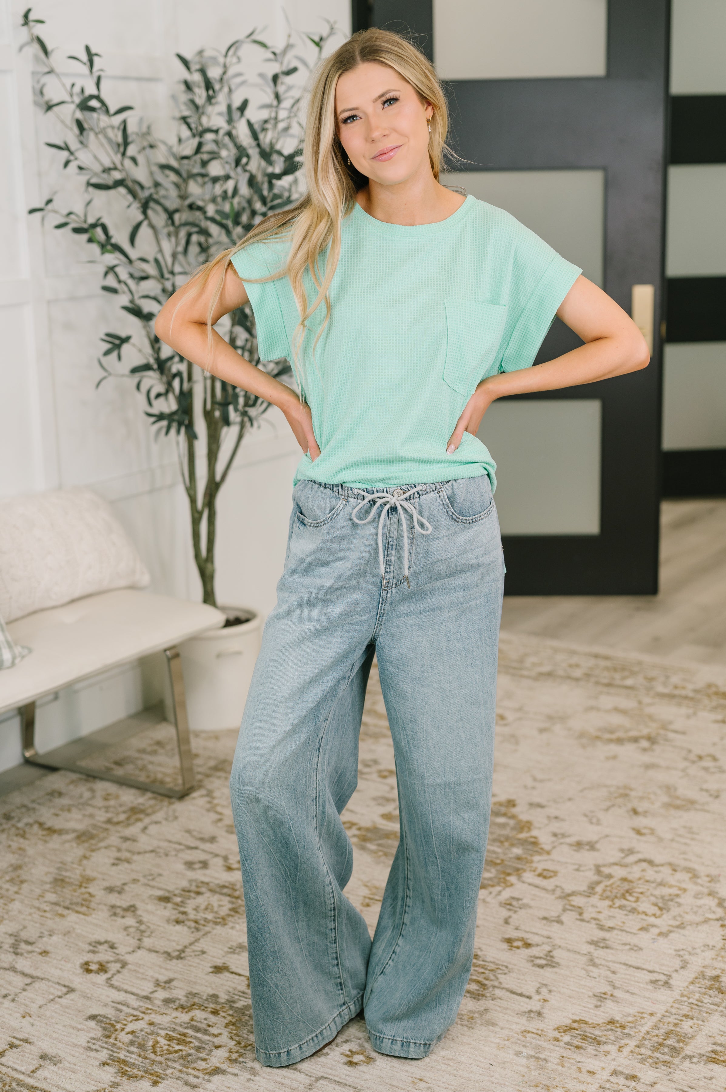 Foundation First Waffle Knit Relaxed Tee in Mint - Charming Charlie