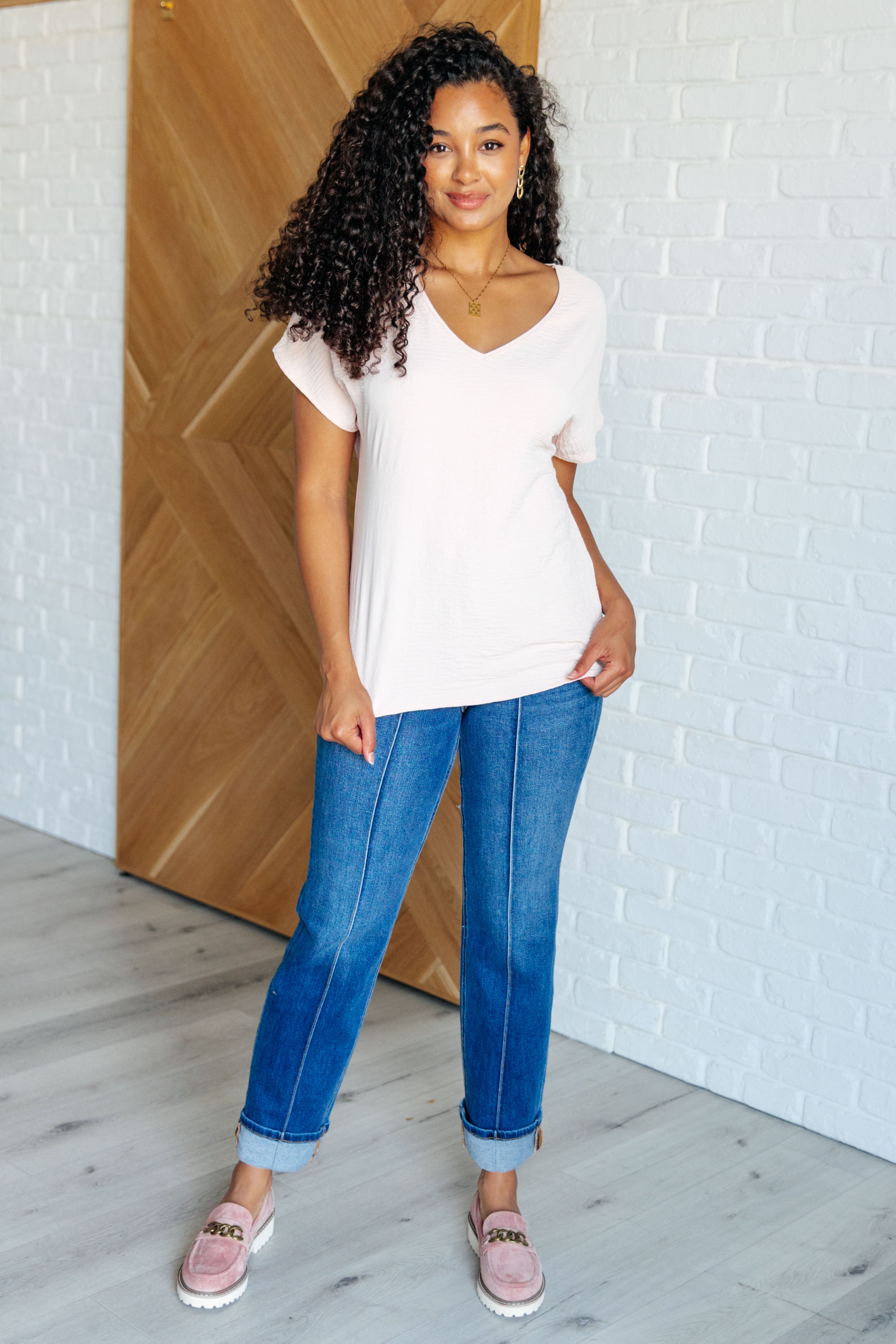 Frequently Asked Questions V-Neck Top in Blush - Charming Charlie