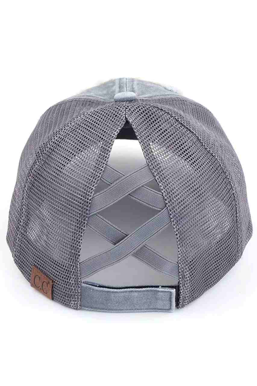 GRAY-C.C DISTRESSED TOP KNOTS AND COFFEE PATCH PONYCAP is an essential accessory for coffee lovers. Made with distressed fabric and a stylish top knot, it also features an embroidered coffee patch. Stay fashionable while showing off your love for coffee.