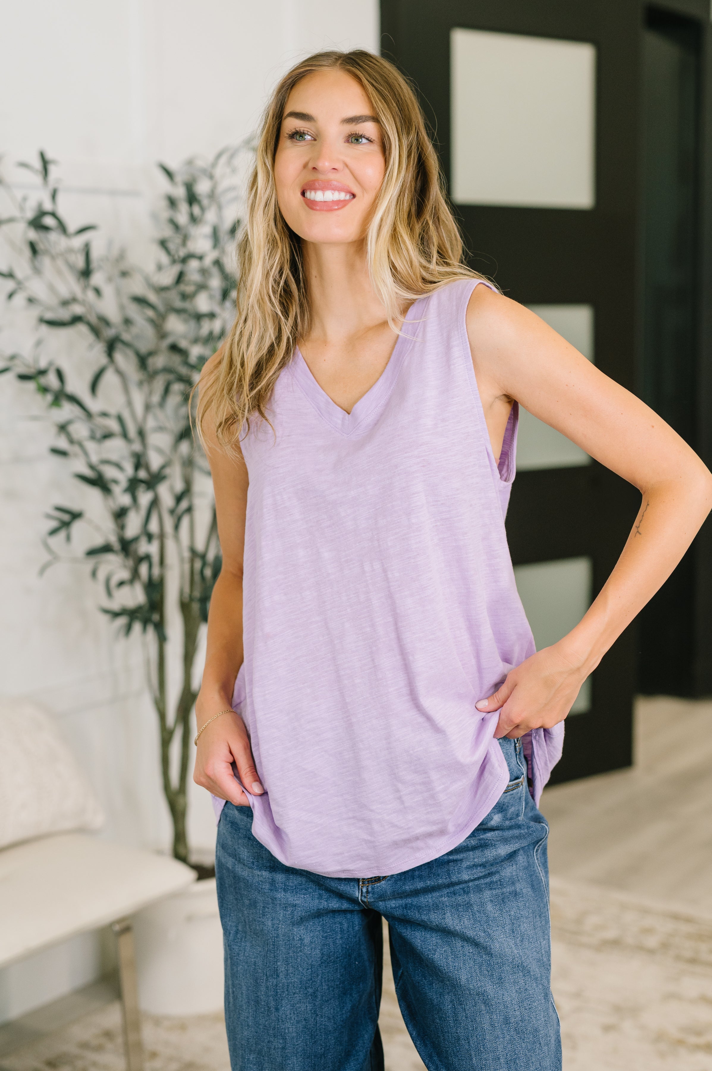 Getting Good V-Neck Tank in Lilac - Charming Charlie