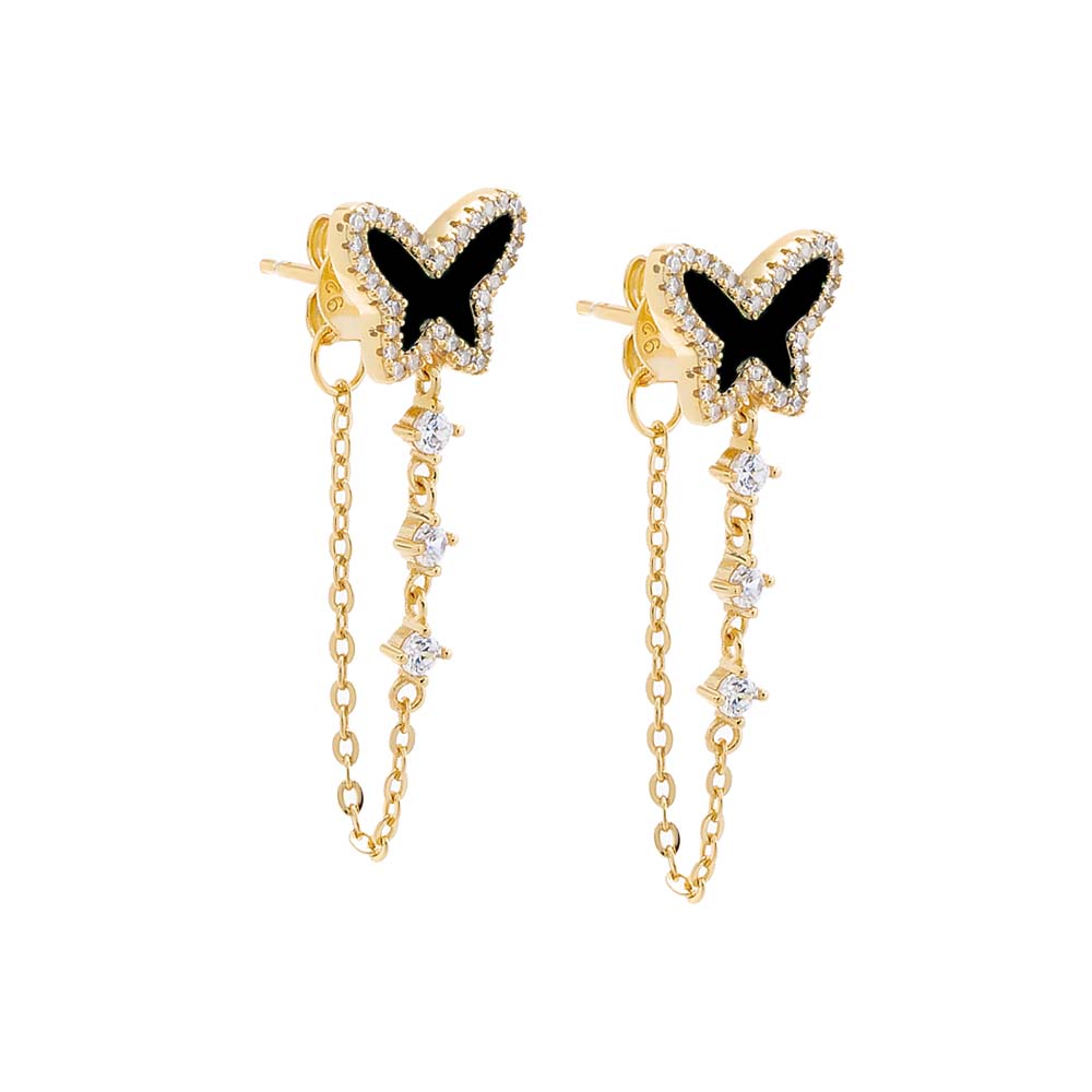 Onyx Pave Colored Stone Butterfly Drop Chain Stud Earring - Adina's Jewels