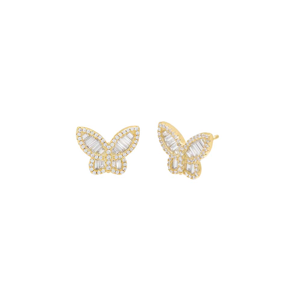 Gold / Pair Pavé X Baguette Butterfly Stud Earring - Adina's Jewels