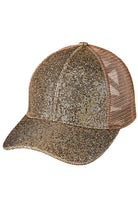 Gold C.C Criss Cross Glitter Mesh Baseball Cap combines style and functionality with its glitter mesh design. With its crisscross pattern, it adds a touch of trendy flair to any outfit. The lightweight material provides breathability and the adjustable strap ensures a comfortable fit. A must-have for any fashion-forward individual.
