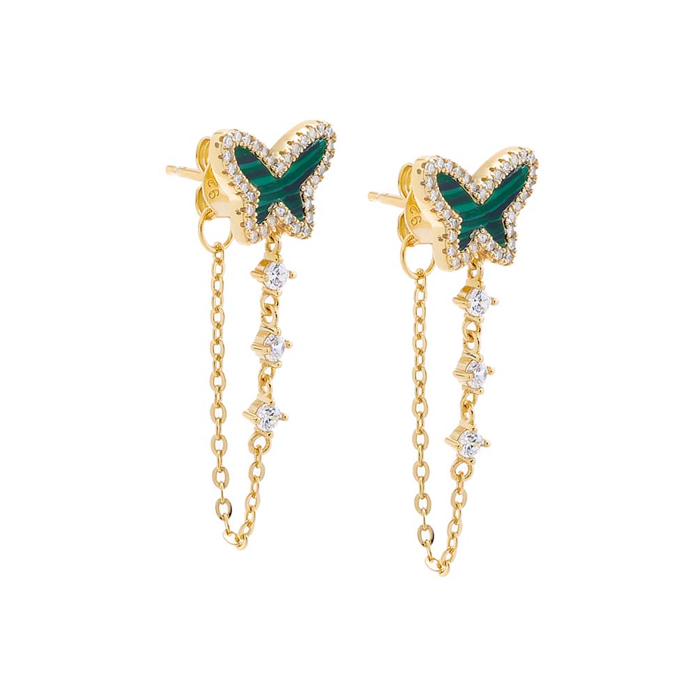 Malachite Pave Colored Stone Butterfly Drop Chain Stud Earring - Adina's Jewels