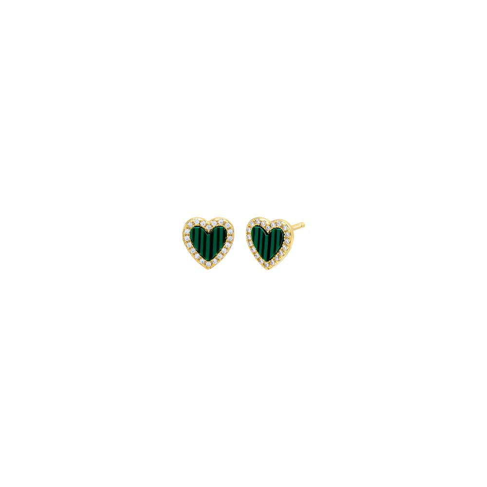 Malachite / Pair Colored Stone Pavé Heart Stud Earring - Adina's Jewels