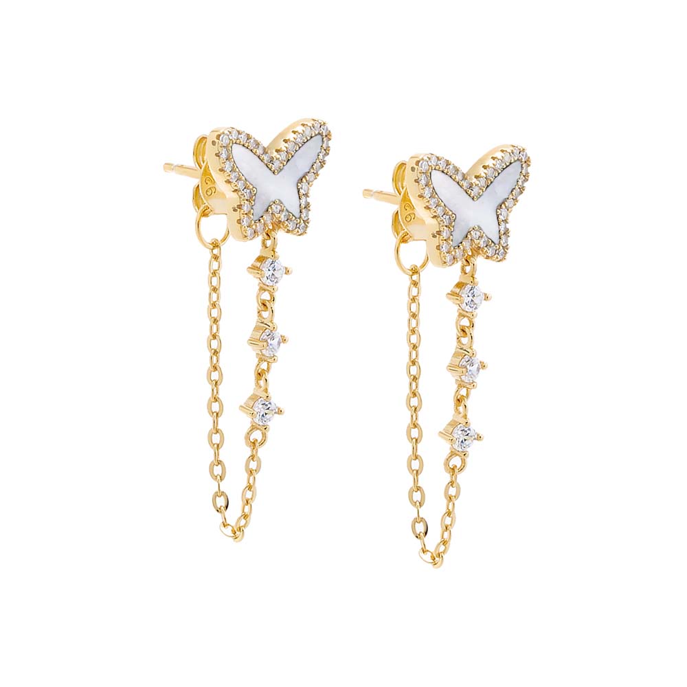 Mother of Pearl Pave Colored Stone Butterfly Drop Chain Stud Earring - Adina's Jewels