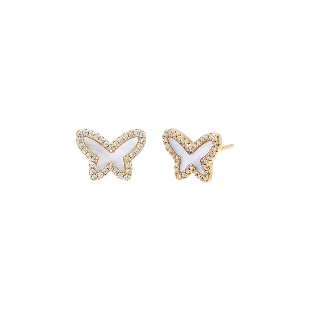 Mother of Pearl Pave Colored Stone Butterfly Stud Earring - Adina's Jewels