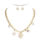 Gold Rhinestone Heart North Star Charm EvilEye Pendant Necklace Earring Set; when someone eyes your good fortune with jealousy or gluttony, the evil eye necklace is a known symbol to protect & ward off negative energy. Great gift: Vacation, Birthday, Anniversary, Christmas, Just Because, Valentine's, Mother's day, Easter