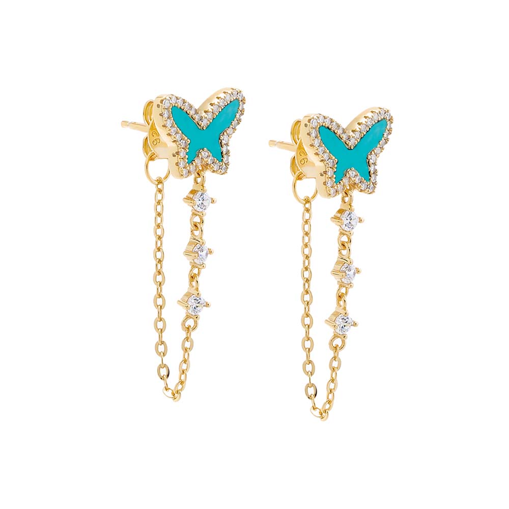 Turquoise Pave Colored Stone Butterfly Drop Chain Stud Earring - Adina's Jewels