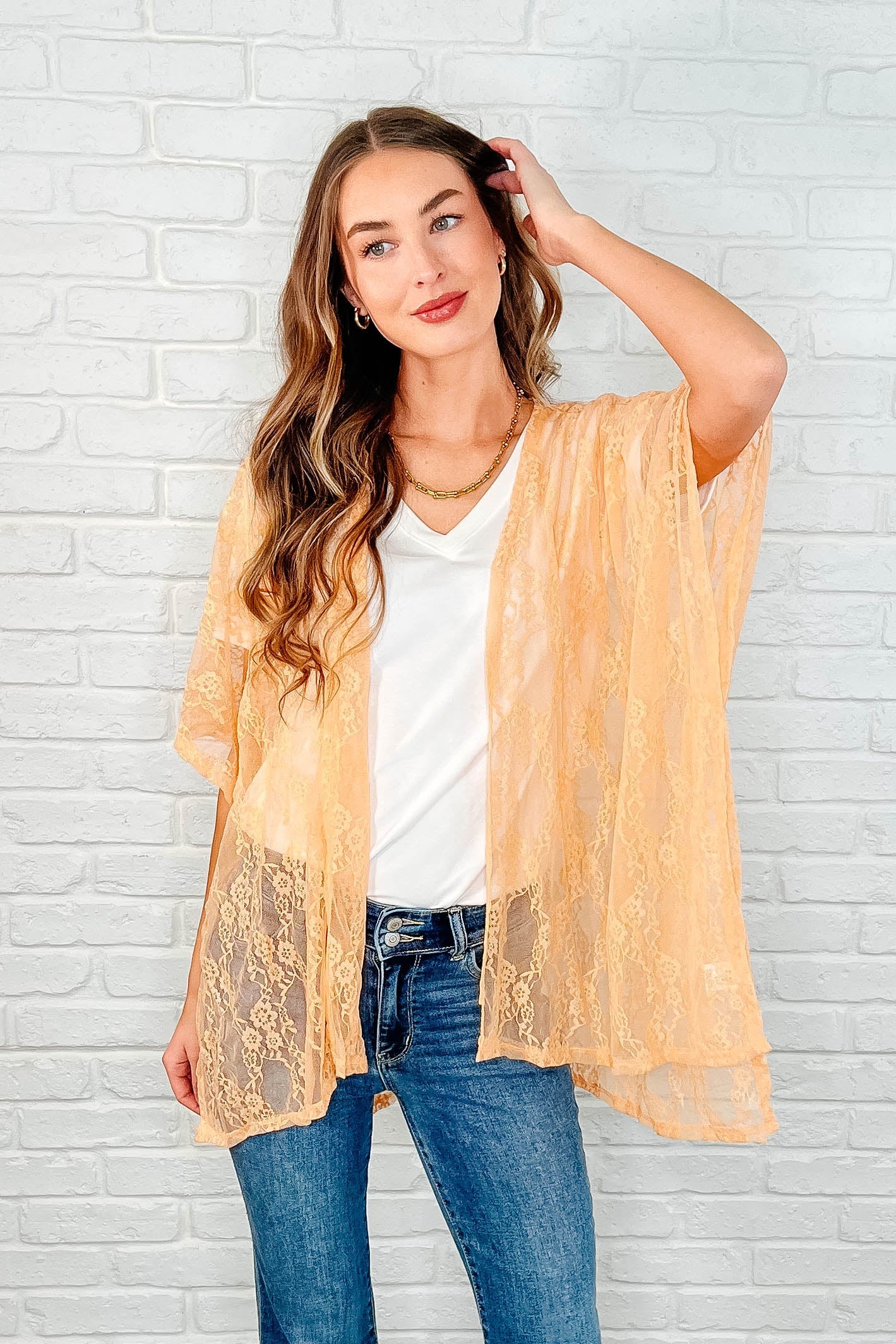 Good Days Ahead Lace Kimono In Peach - Charming Charlie